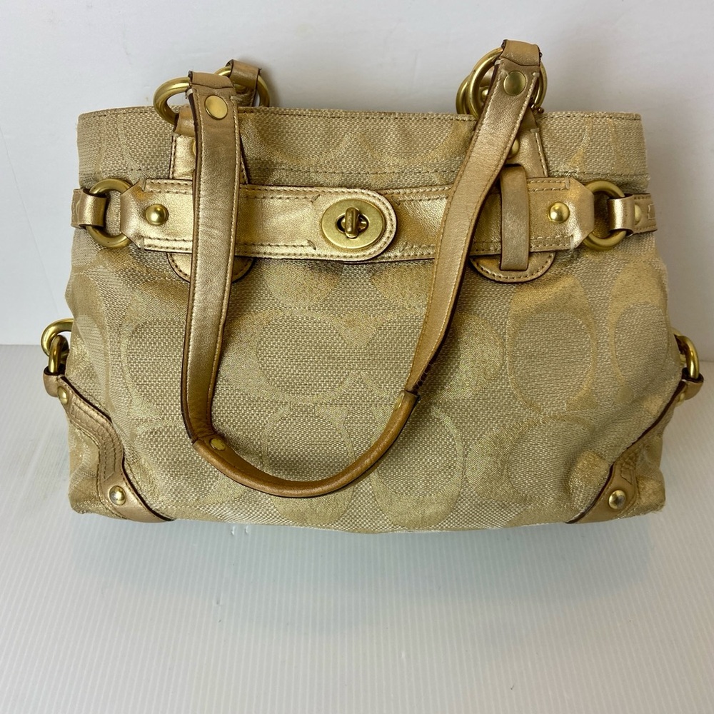 Coach Gold and Tan Shoulder Bag Purse w/Lt Blue Satin Liner & Gold Tone Trim
